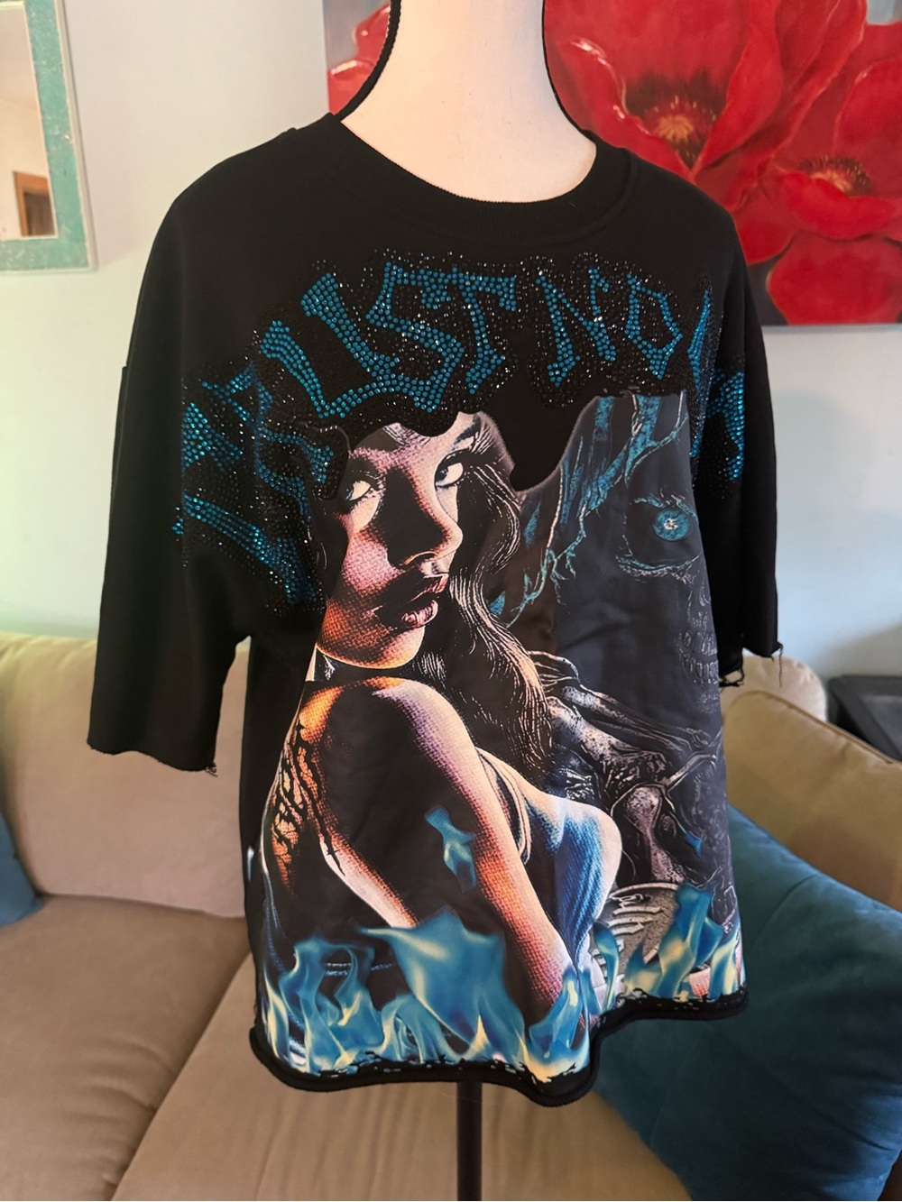 BKYS Trust No One Tee, a black graphic t-shirt blue rhinestone TRUST NO ONE Sz S